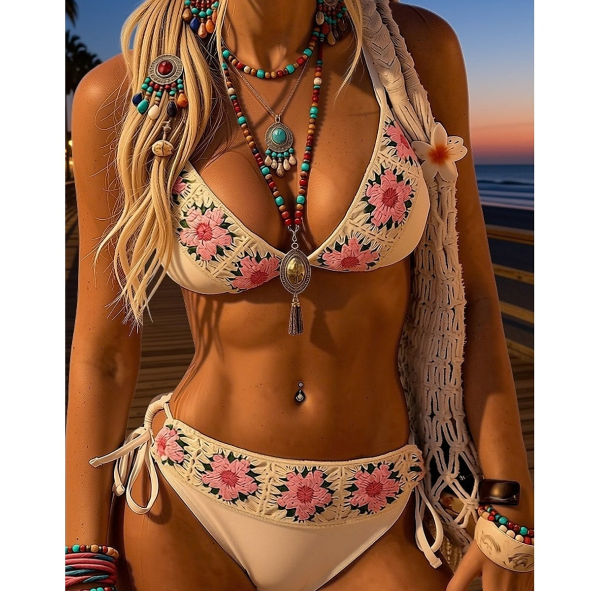 MakeMeChic Women's Floral Boho Crochet Bikini Floral w/ Tie Side 2 Piece Large