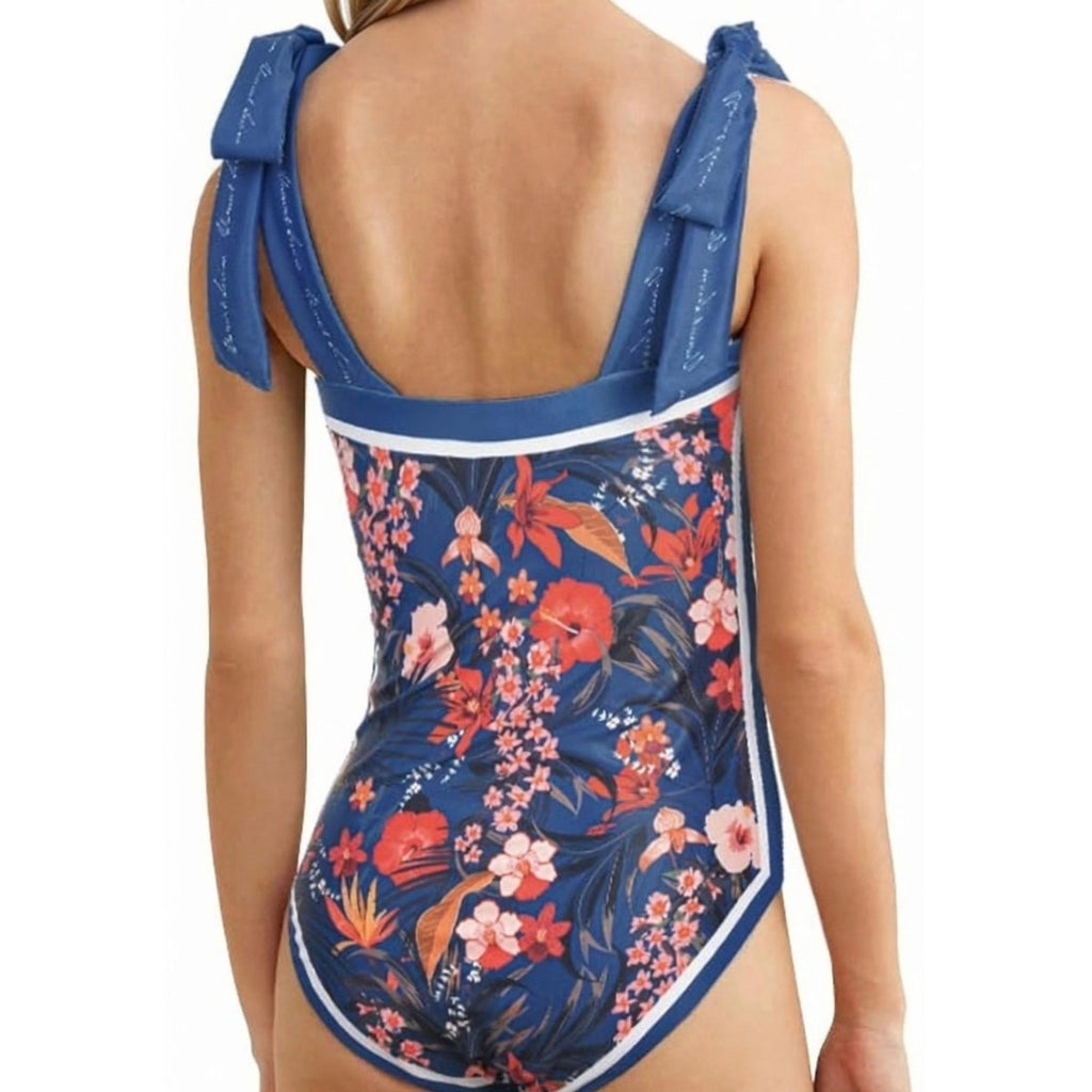 Reversible Floral Boho Swimsuit Women Vintage Cute with Tie Straps Navy Blue L