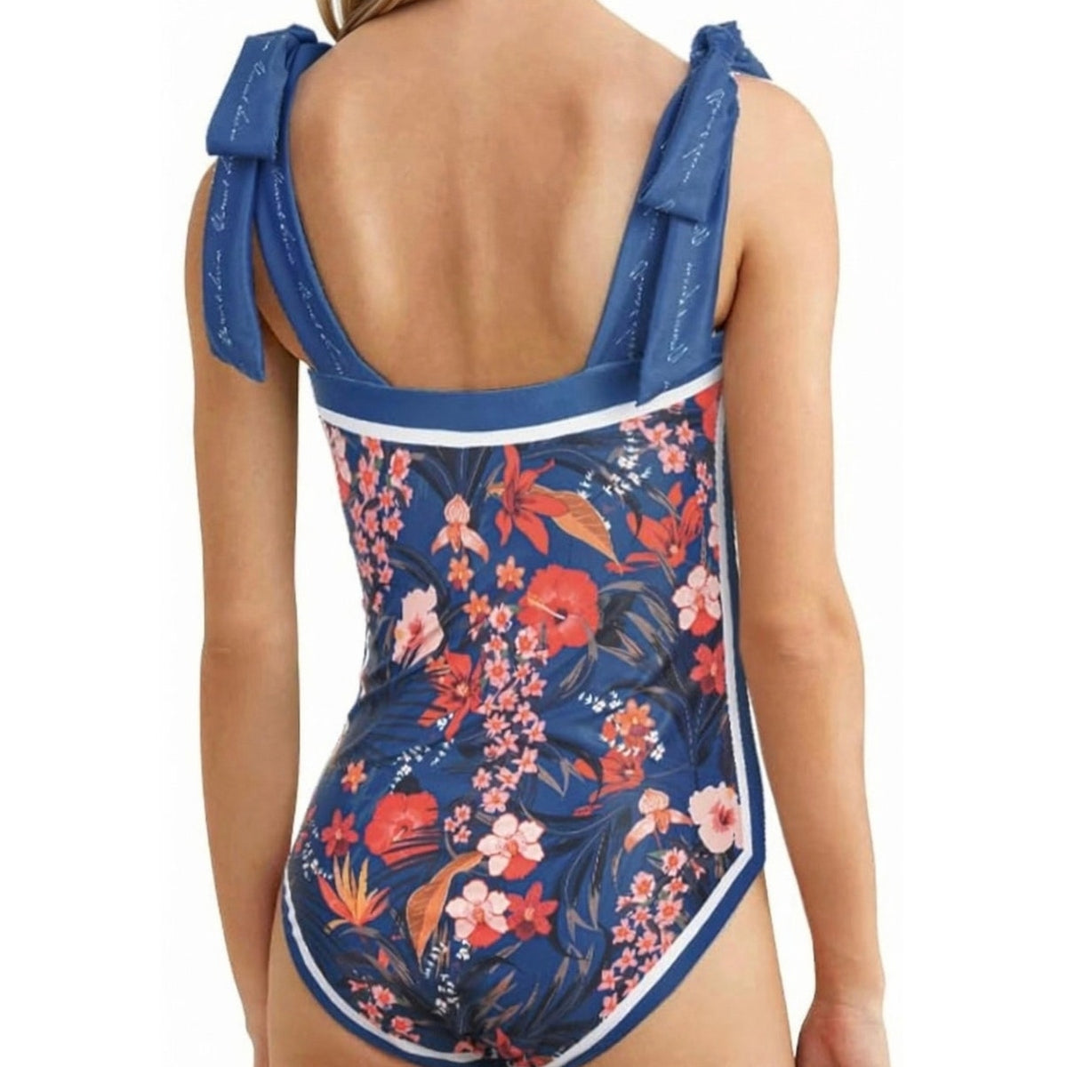 Reversible Floral Boho Swimsuit Women Vintage Cute with Tie Straps Navy Blue L