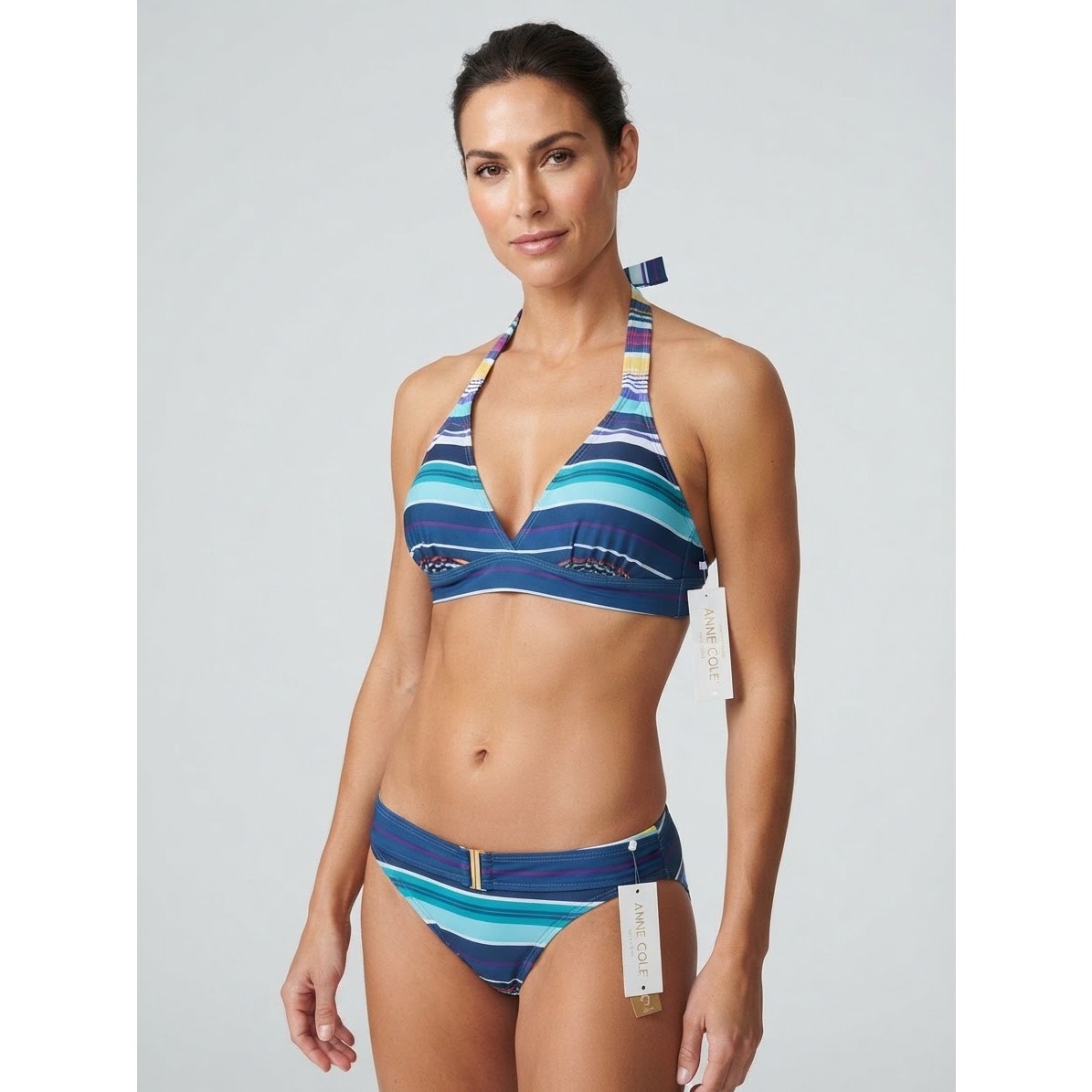 Anne Cole Striped Triangle Halter Tie with Clasp w/Padded Bra Size D