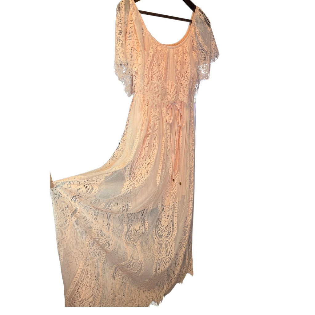 Whimsical and Lacy Pink Tiered Ruffled Maxi Dress