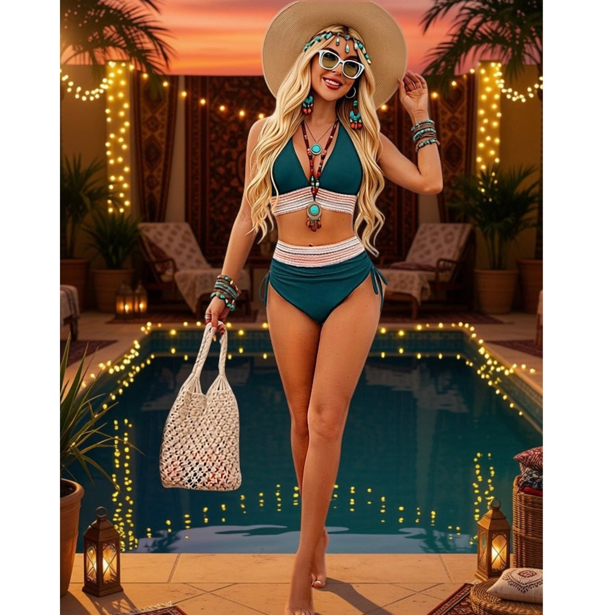 Blooming Jelly Womens High Waisted Bikini Tummy Control Suit (L, Navy Blue)