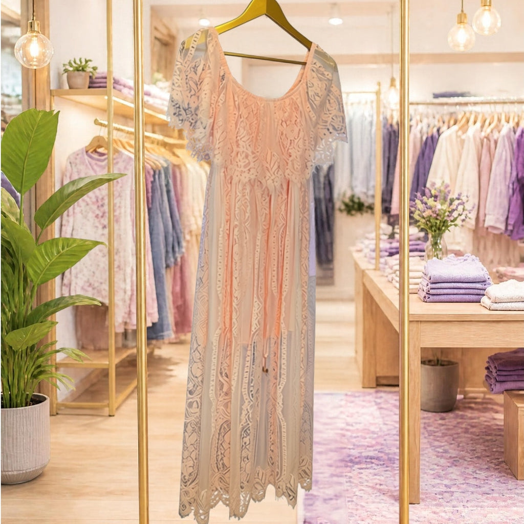 Whimsical and Lacy Pink Tiered Ruffled Maxi Dress