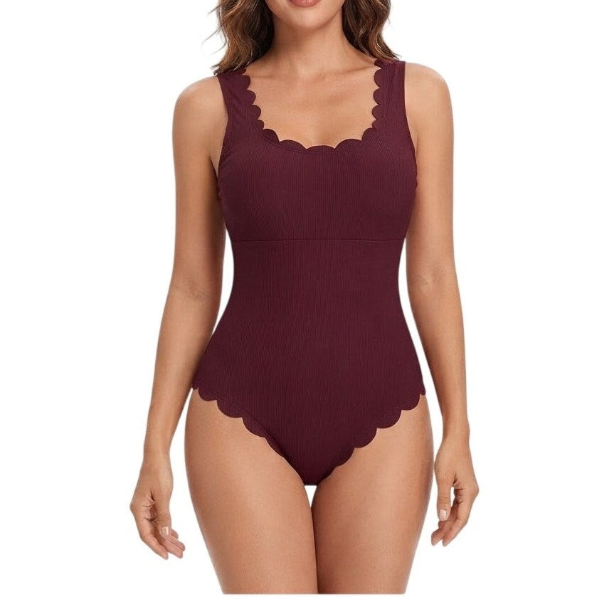 Charmo Ribbed Scalloped 1 Piece Swimsuits Womens Retro Modest Square Neck One Piece Bathing Suit Burgundy S