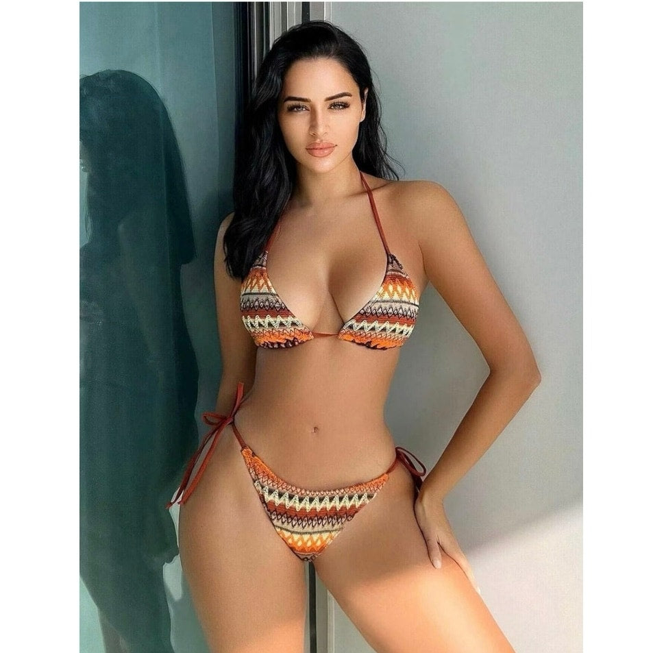 Women's Boho Geo Print Cute Bikini High Waisted Halter Tie Back Small