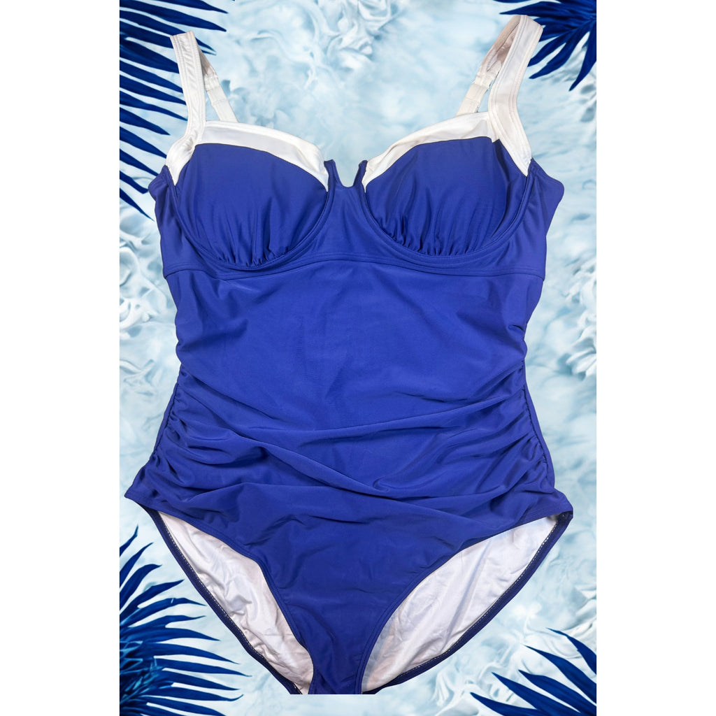 B2PRITY women's one piece Tummy Control Blue and White Underwire Size XL