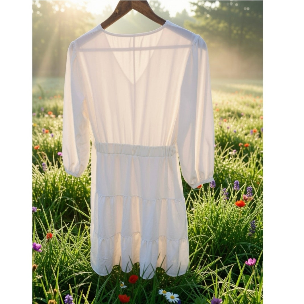 Firfig Womens Spring Summer Dress V Neck Half Sleeve Ruffle Flowy Mini
