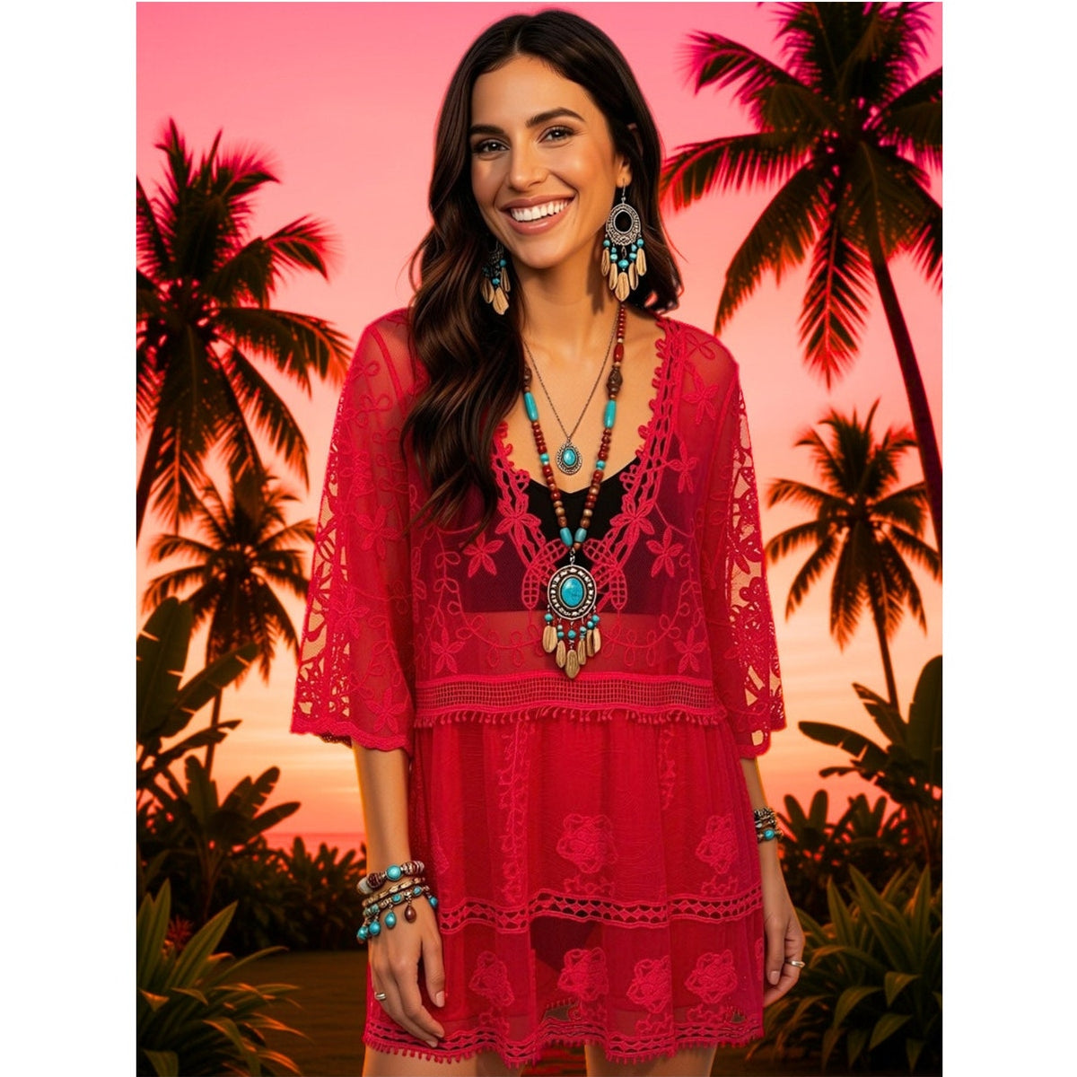 Eomenie Women's Lace Bathing Suit Cover Up V-Neck Beach Dress Beachwear Hot Pink
