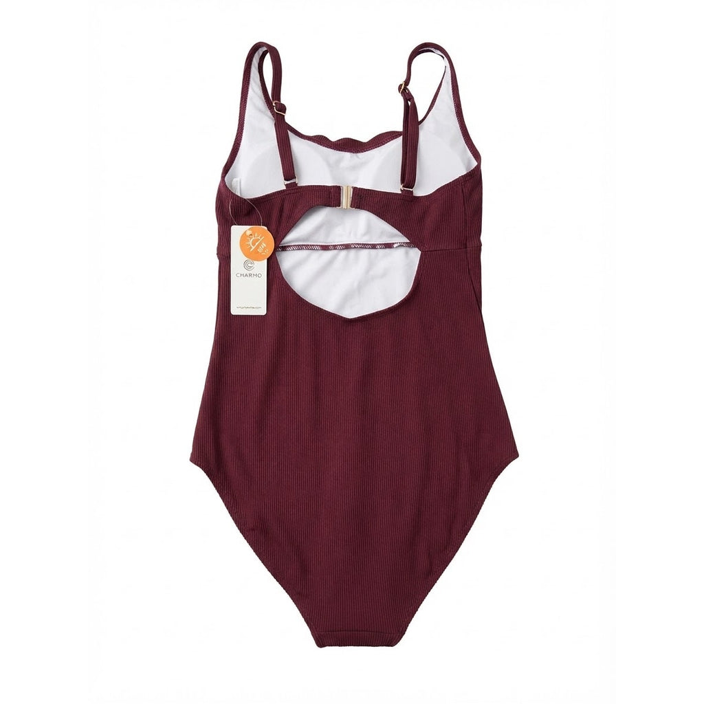 Charmo Ribbed Scalloped 1 Piece Swimsuits Womens Retro Modest Square Neck One Piece Bathing Suit Burgundy S