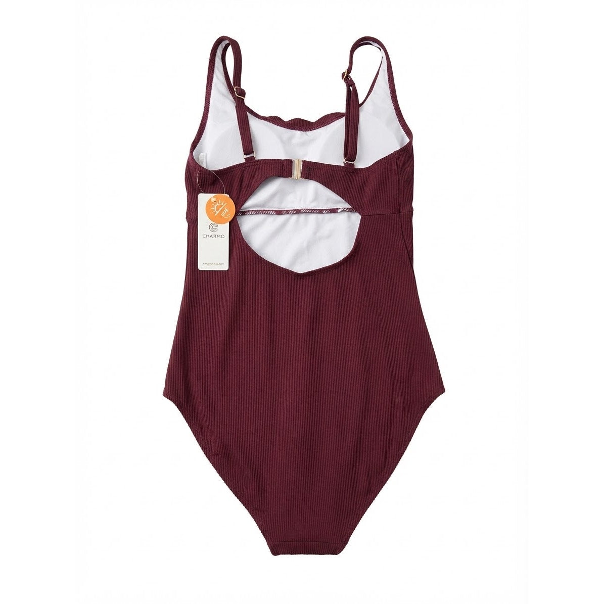 Charmo Ribbed Scalloped 1 Piece Swimsuits Womens Retro Modest Square Neck One Piece Bathing Suit Burgundy S