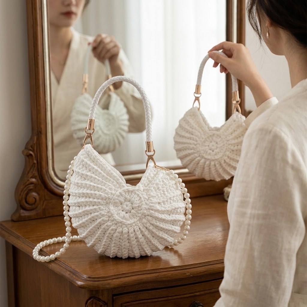 Handwoven Seashell Bag Stylish & Unique Boho Clutch with Pearl Strap Leather
