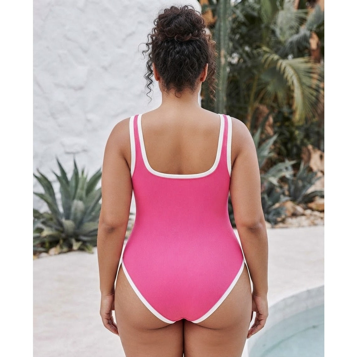 Saodimallsu One Piece Vintage Ribbed Slimming High Cut Color Block Button XL