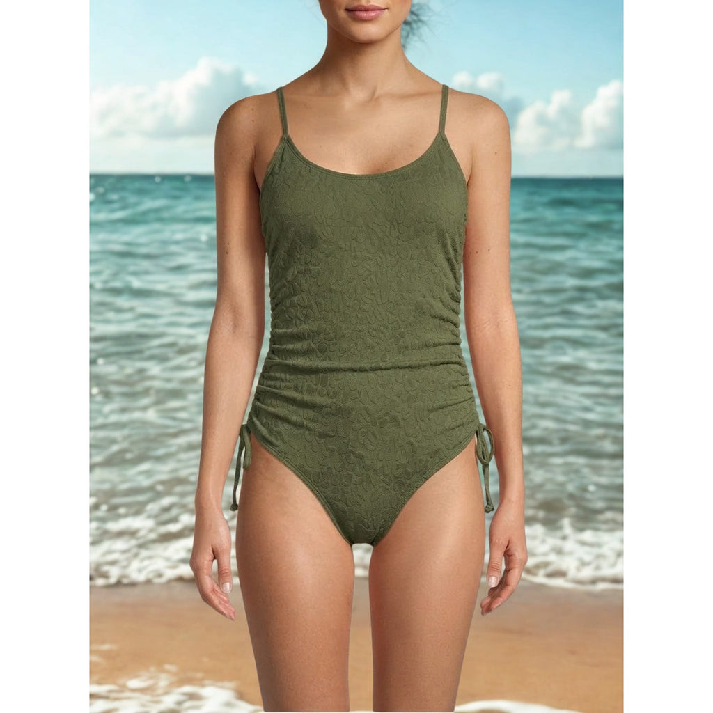 Women's Ruched One Piece Swimsuit Tummy Control Swimsuit High Cut Bathing Suit Sexy Monokini Army Green S