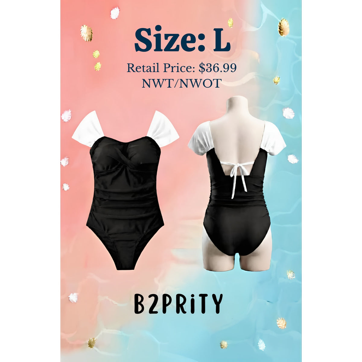 B2prity  One Piece Retro Square Neck Tummy Control Ruched Modest Full Coverage L
