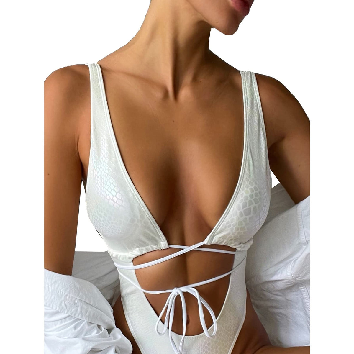 Metallic Snakeskin One Piece Swimsuits Rave Outfit Python Iridescent White Small