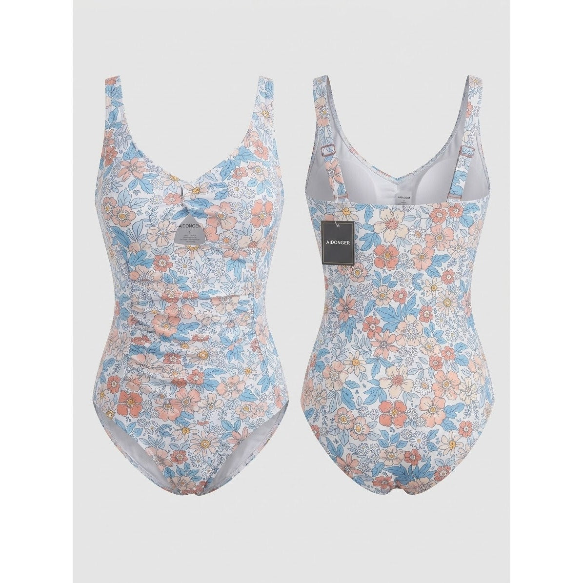 Aidonger Front Ruched 1 PC Swimsuit Womens size M White Spring Floral Pretty