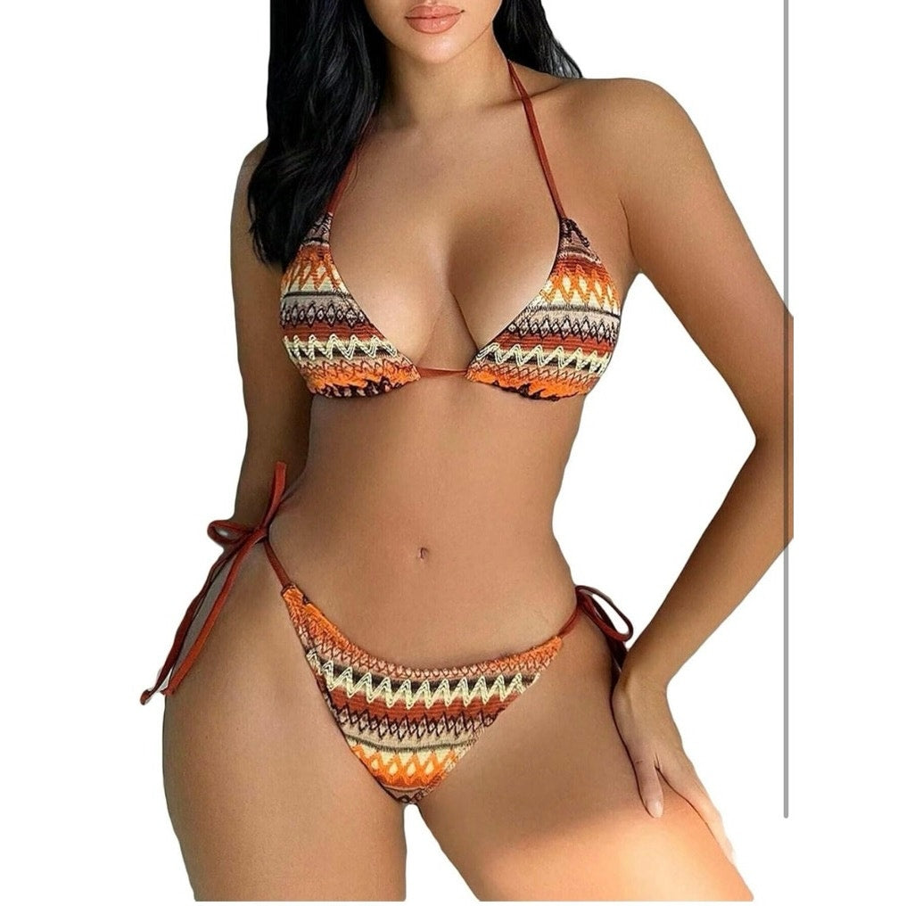 Women's Boho Geo Print Cute Bikini High Waisted Halter Tie Back Small
