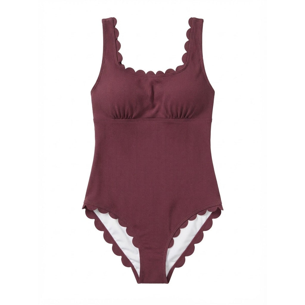 Charmo Ribbed Scalloped 1 Piece Swimsuits Womens Retro Modest Square Neck One Piece Bathing Suit Burgundy S