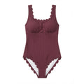 Charmo Ribbed Scalloped 1 Piece Swimsuits Womens Retro Modest Square Neck One Piece Bathing Suit Burgundy S