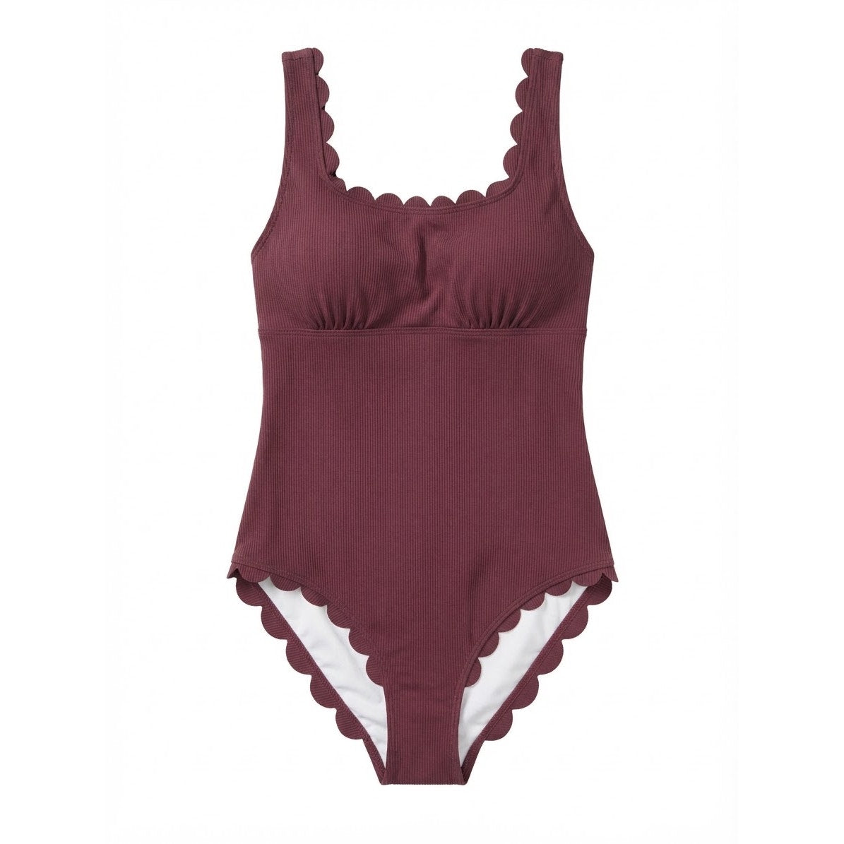 Charmo Ribbed Scalloped 1 Piece Swimsuits Womens Retro Modest Square Neck One Piece Bathing Suit Burgundy S