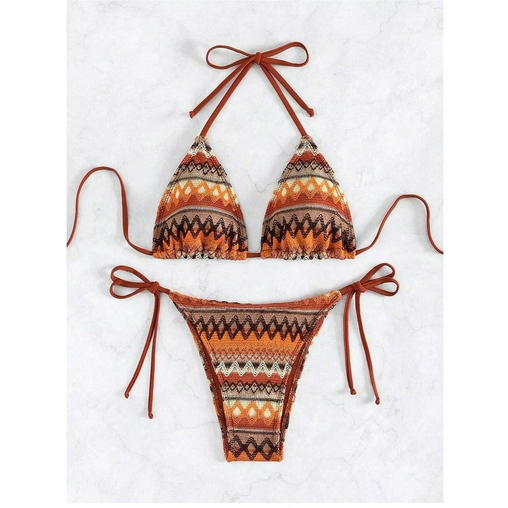 Women's Boho Geo Print Cute Bikini High Waisted Halter Tie Back Small