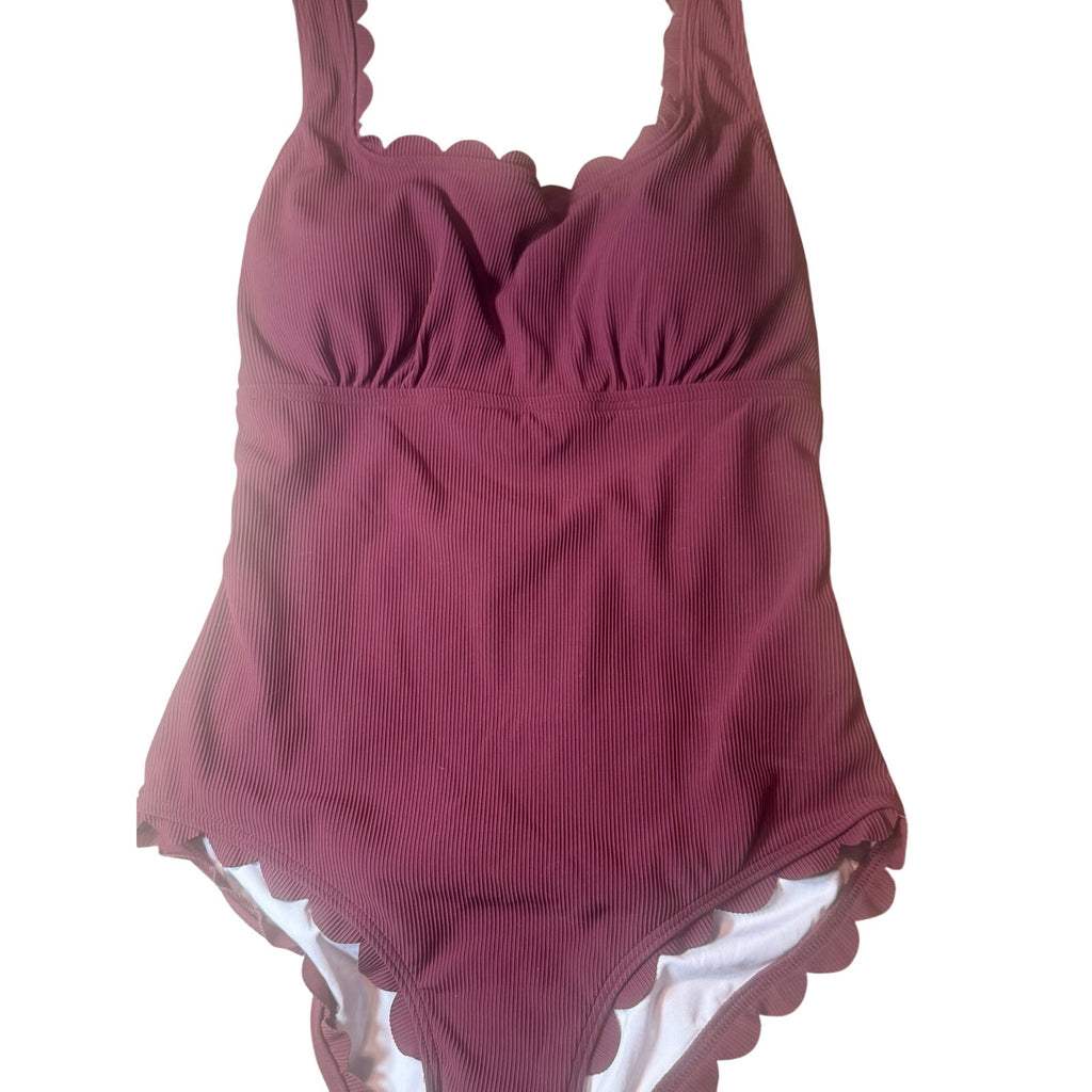 Charmo Ribbed Scalloped 1 Piece Swimsuits Womens Retro Modest Square Neck One Piece Bathing Suit Burgundy S