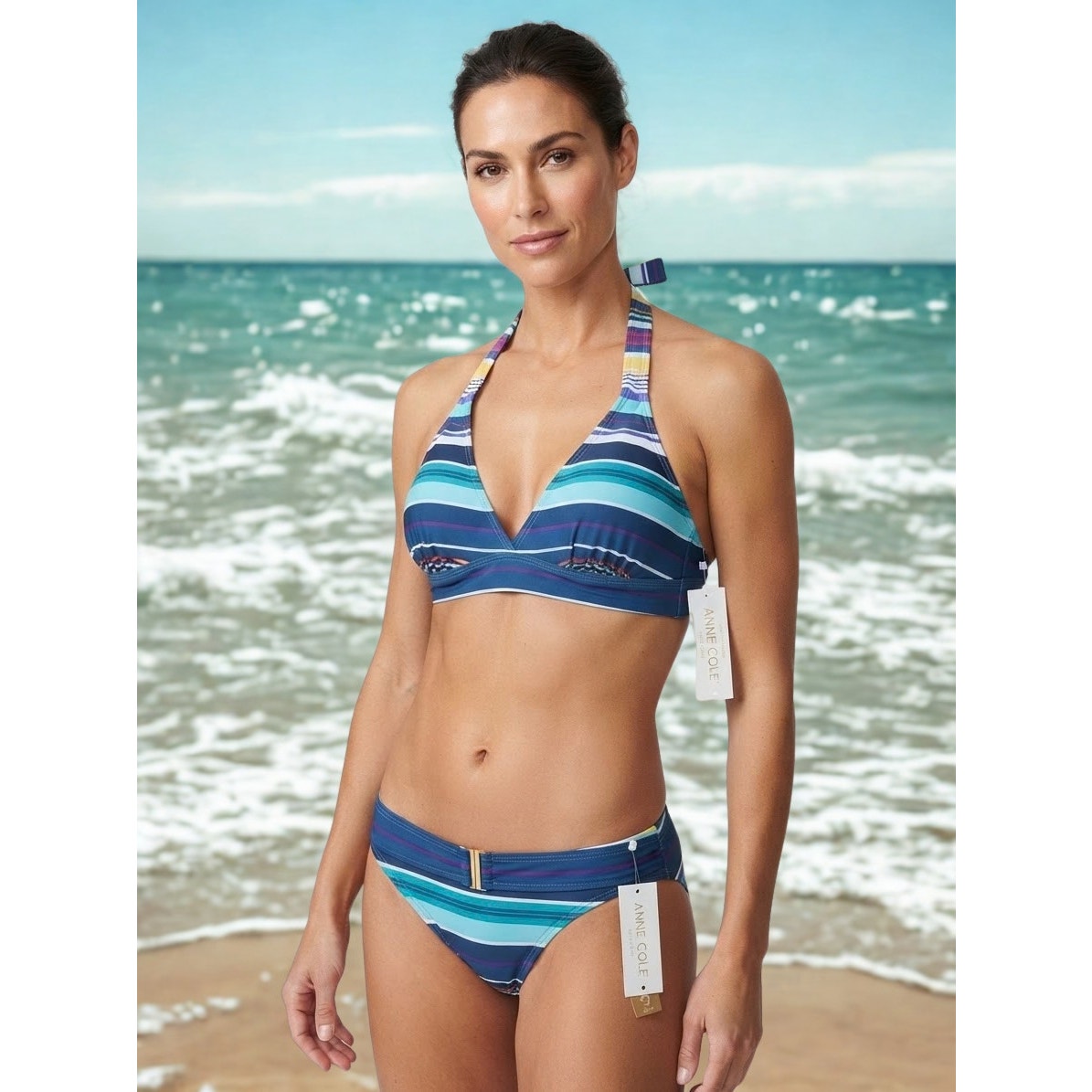 Anne Cole Striped Triangle Halter Tie with Clasp w/Padded Bra Size D