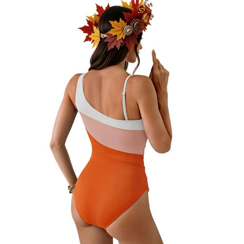 Aidonger One Shoulder Tummy Control Color Block Ruched Slimming fall colors