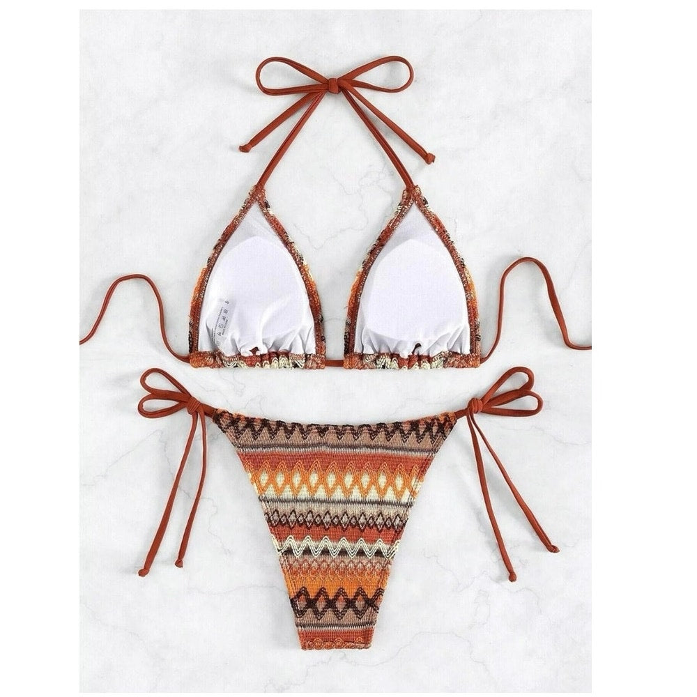 Women's Boho Geo Print Cute Bikini High Waisted Halter Tie Back Small