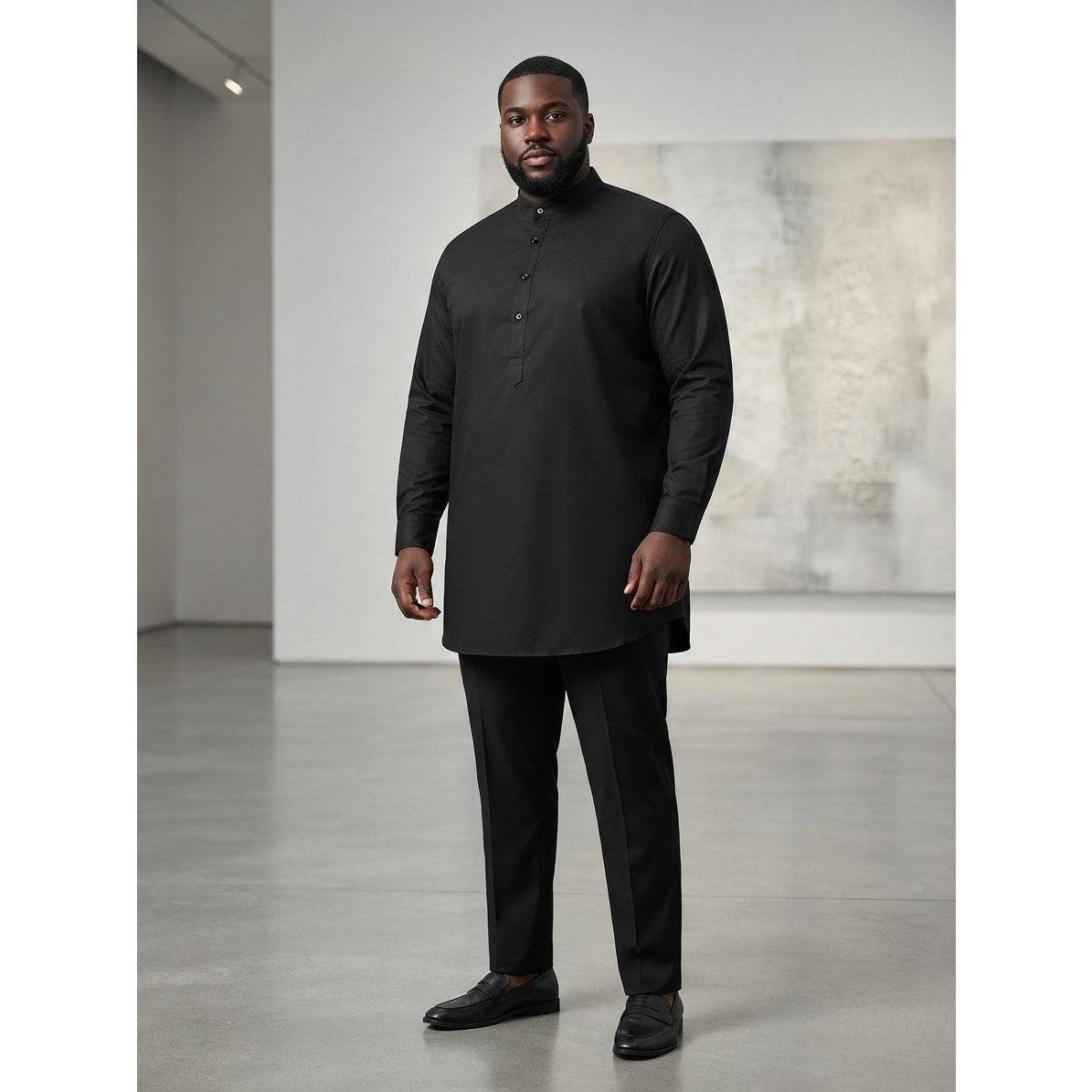 XL Plus Size Pleated Black Long Sleeve Men's Set