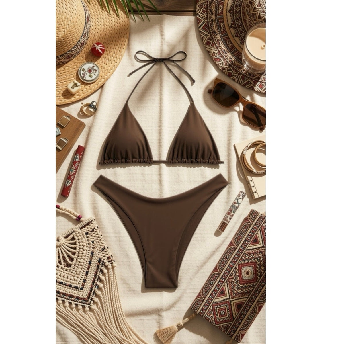 Women's High Cut Thong Swimsuit Halter Triangle Tie Back Bikini Set coffee brown