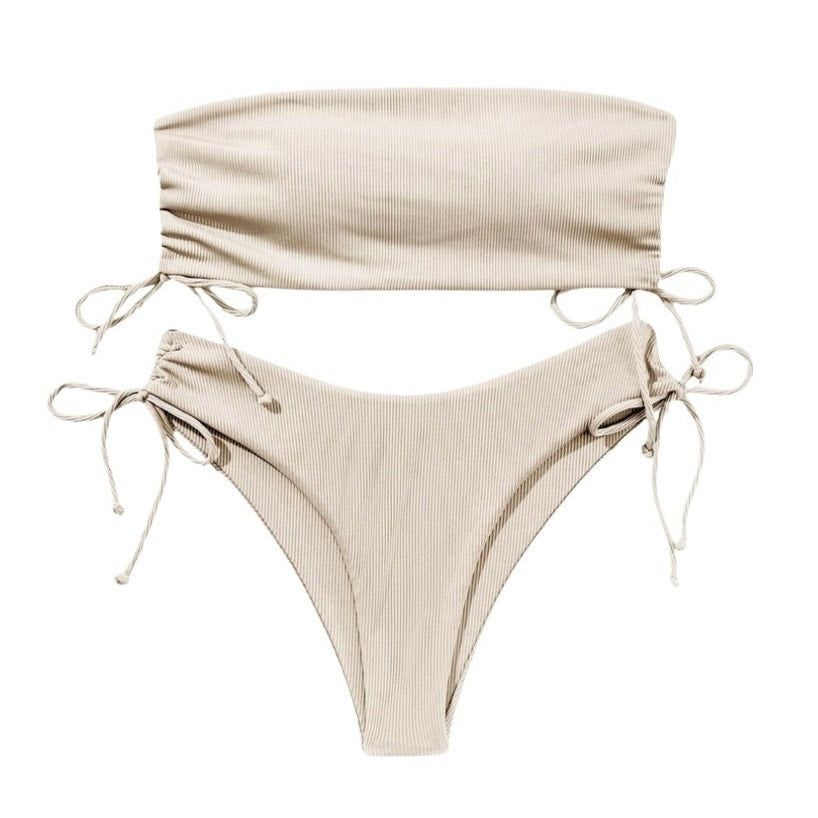 Strapless Bathing Suits Bandeau Bikini Set 2 Piece cream Small Ribbed