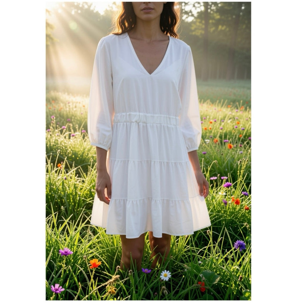 Firfig Womens Spring Summer Dress V Neck Half Sleeve Ruffle Flowy Mini