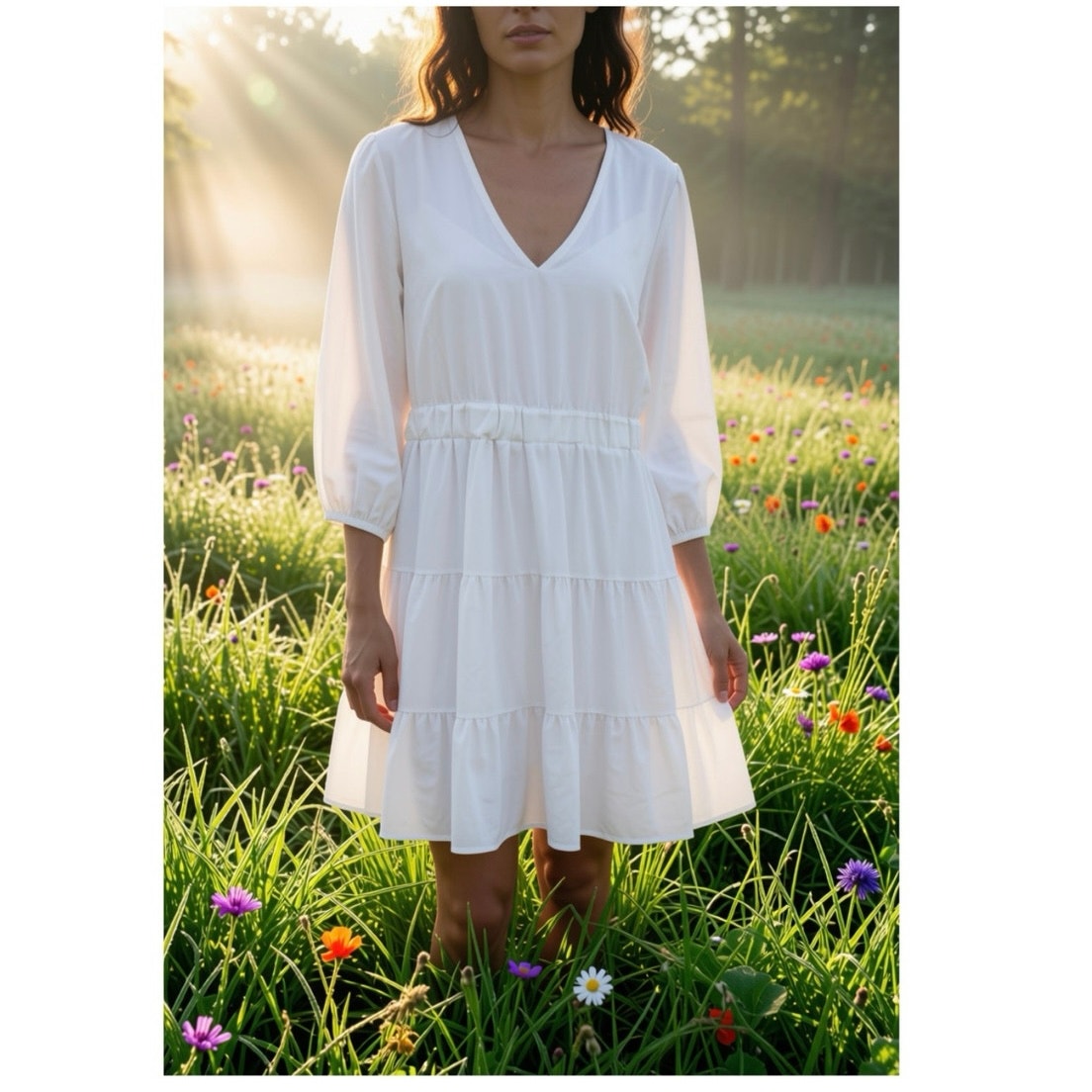 Firfig Womens Spring Summer Dress V Neck Half Sleeve Ruffle Flowy Mini