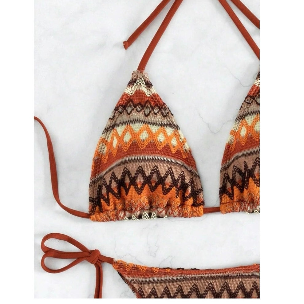 Women's Boho Geo Print Cute Bikini High Waisted Halter Tie Back Small