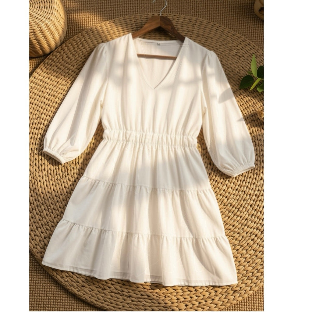 Firfig Womens Spring Summer Dress V Neck Half Sleeve Ruffle Flowy Mini