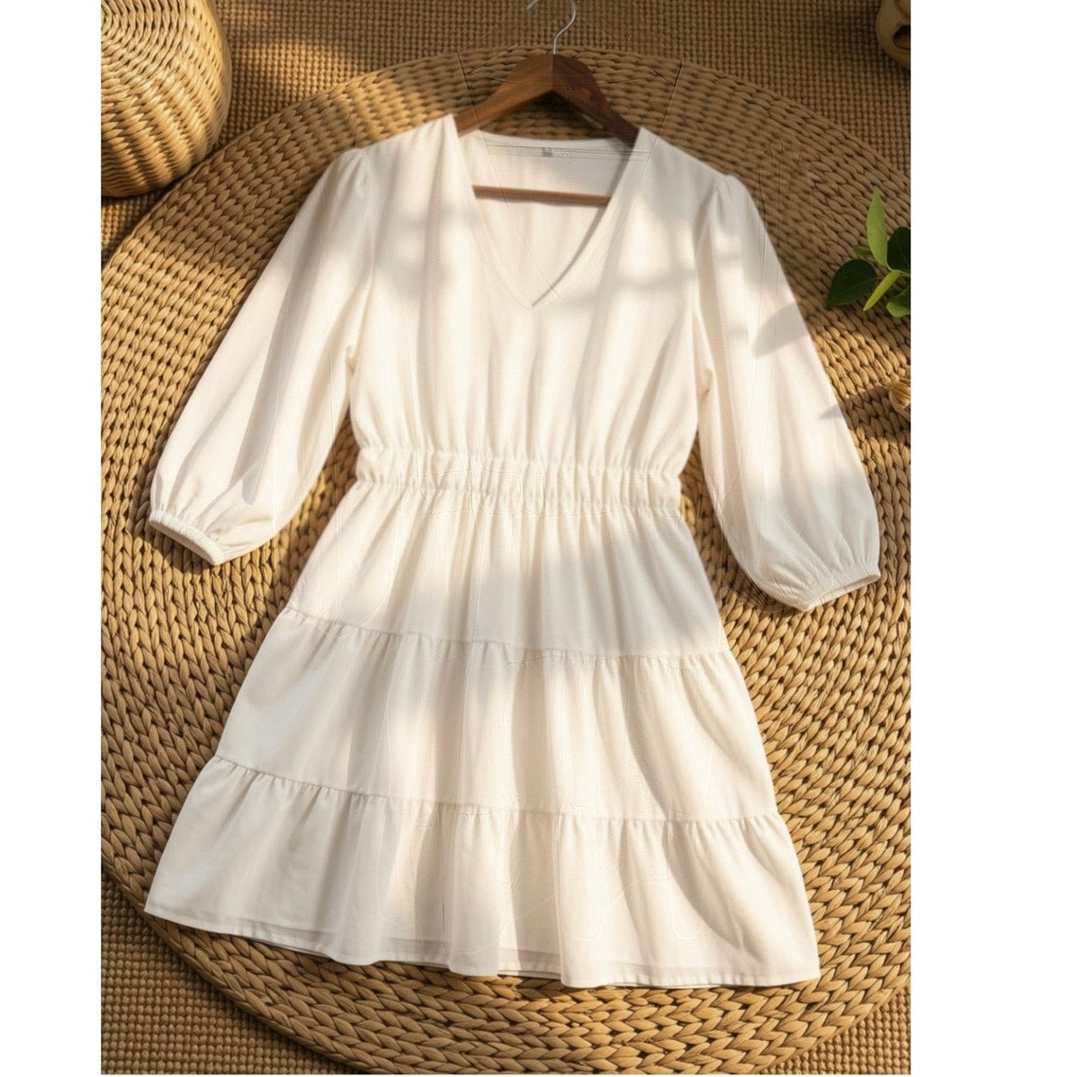 Firfig Womens Spring Summer Dress V Neck Half Sleeve Ruffle Flowy Mini
