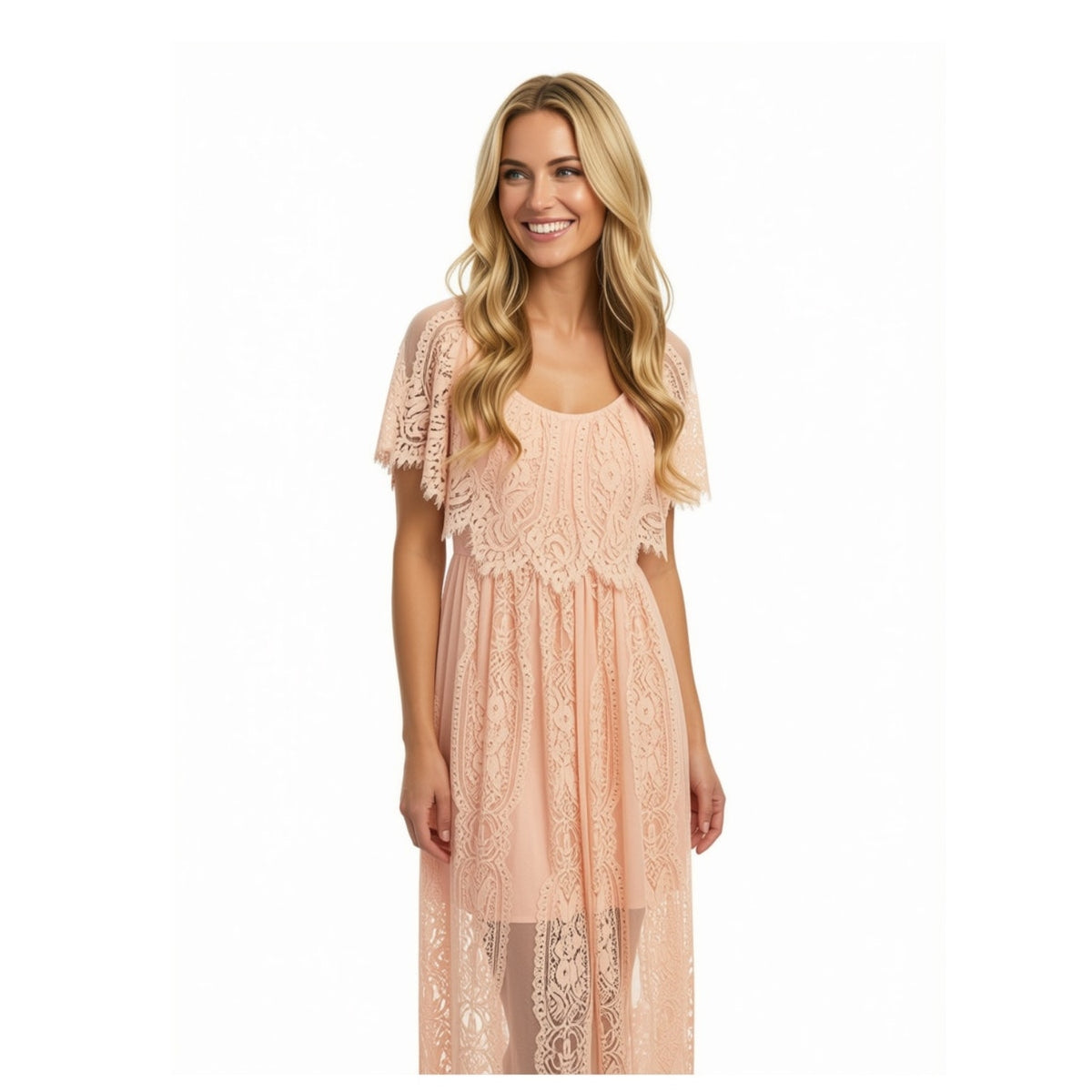 Whimsical and Lacy Pink Tiered Ruffled Maxi Dress