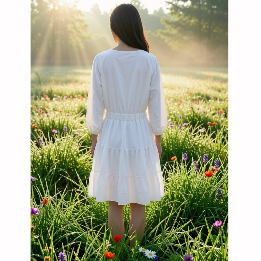 Firfig Womens Spring Summer Dress V Neck Half Sleeve Ruffle Flowy Mini