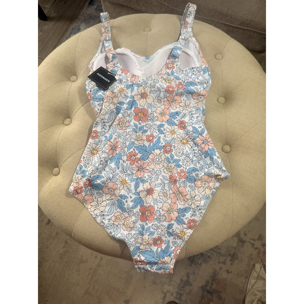 Aidonger Front Ruched 1 PC Swimsuit Womens size M White Spring Floral Pretty