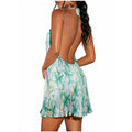 SHENHE Halter Sexy Backless Floral Pleated Mini Dress Beach Resort Sundresses