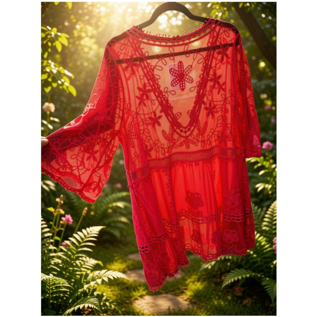 Eomenie Women's Lace Bathing Suit Cover Up V-Neck Beach Dress Beachwear Hot Pink