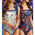 Reversible Floral Boho Swimsuit Women Vintage Cute with Tie Straps Navy Blue L