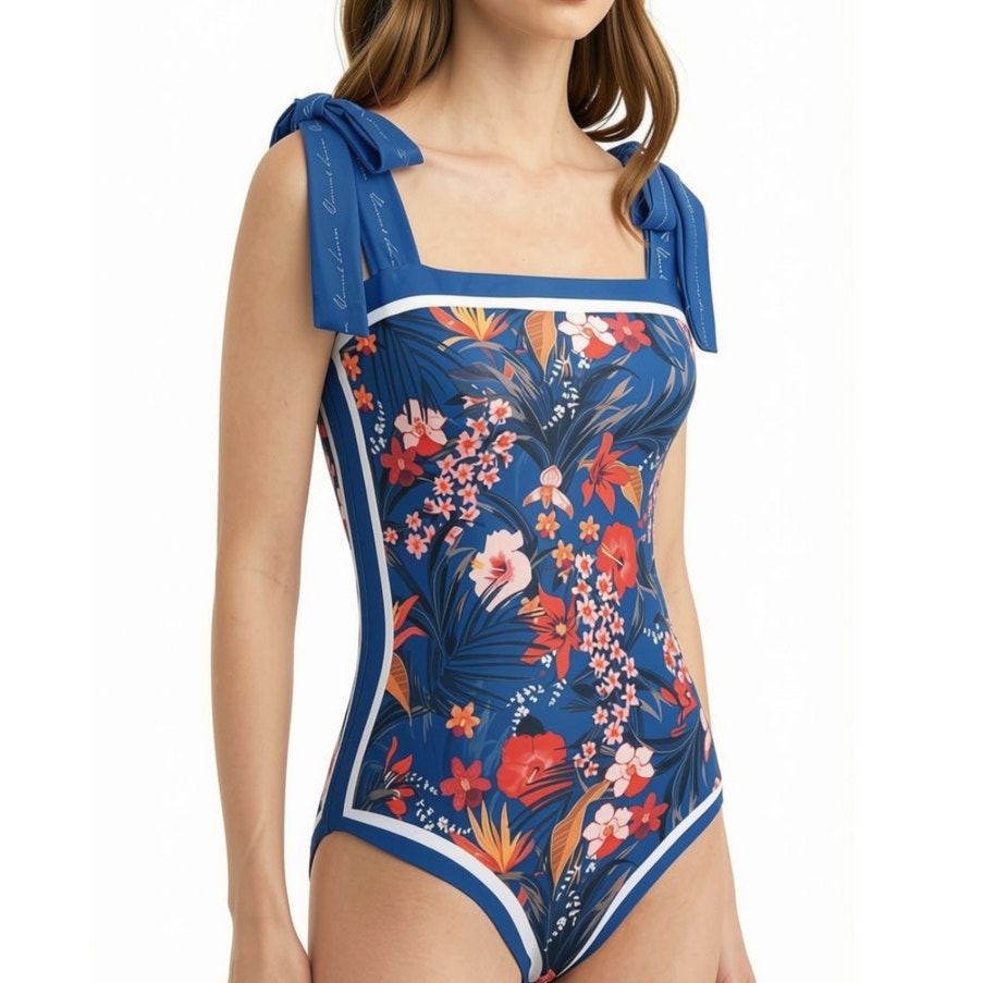 Reversible Floral Boho Swimsuit Women Vintage Cute with Tie Straps Navy Blue L