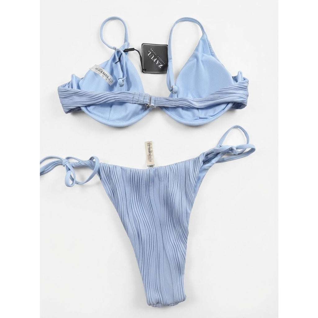 ZAFUL Women Sexy Brazilian Bikini Underwire 2 Piece Spaghetti Strap High Cut Thong Swimsuit Bathing Suit Sky Blue L