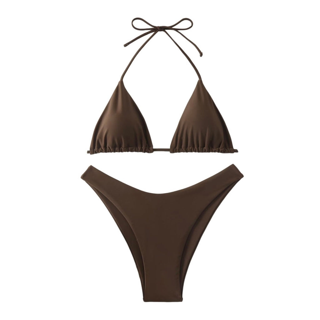 Women's High Cut Thong Swimsuit Halter Triangle Tie Back Bikini Set coffee brown