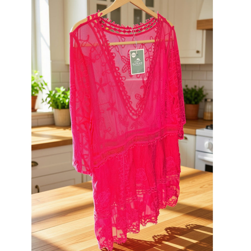 Eomenie Women's Lace Bathing Suit Cover Up V-Neck Beach Dress Beachwear Hot Pink