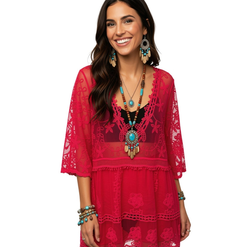 Eomenie Women's Lace Bathing Suit Cover Up V-Neck Beach Dress Beachwear Hot Pink