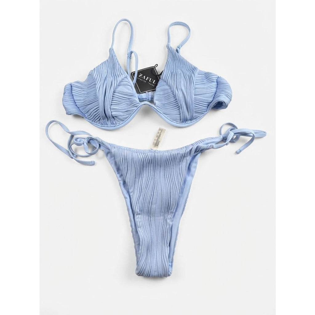 ZAFUL Women Sexy Brazilian Bikini Underwire 2 Piece Spaghetti Strap High Cut Thong Swimsuit Bathing Suit Sky Blue L
