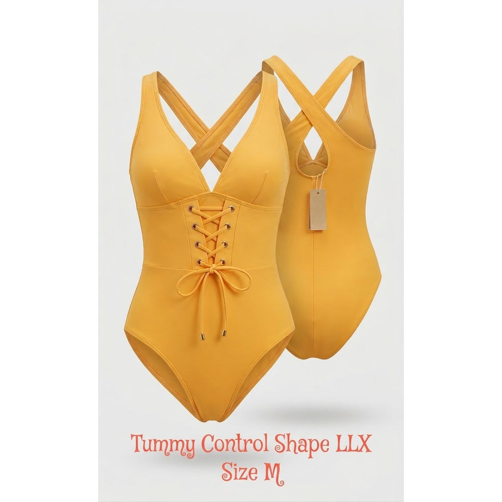 SHAPELLX Women Tummy Control Slimming One Piece W Built-in Bra V Neck Orange M